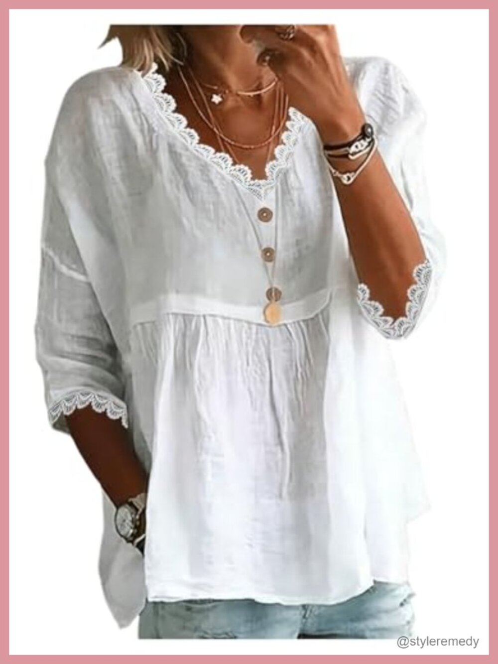 Lace Peplum Blouse 3/4 Bell Sleeve V-Neck Dressy Top